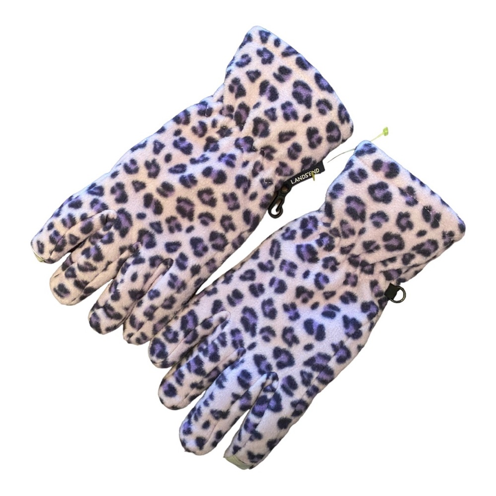 Lands' End Girls Fleece Winter Gloves L Lavender Cheetah Animal Print NWOT